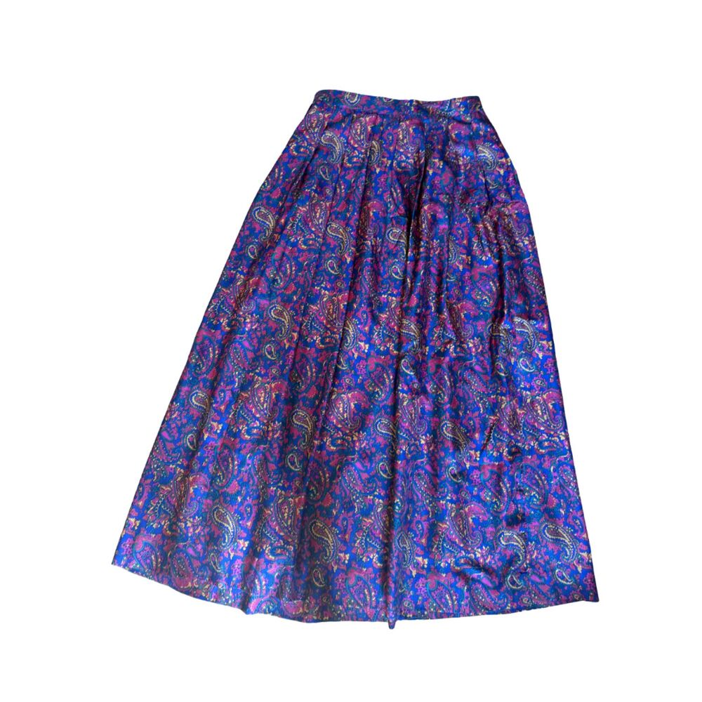 Vintage 80s 90s Paisley Pure Silk Pleated Midi Skirt Jewel Tone Lined Sz 8